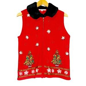 Mercer‎ Street Christmas Sweater Vest Womens L Christmas Tree Snowflakes Beaded